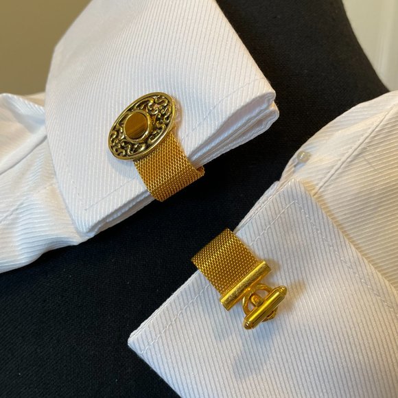 Gold Mess Cufflink with Oval Filigree Shape/Round Tiger Stone - Vintage 1970's - Picture 8 of 9